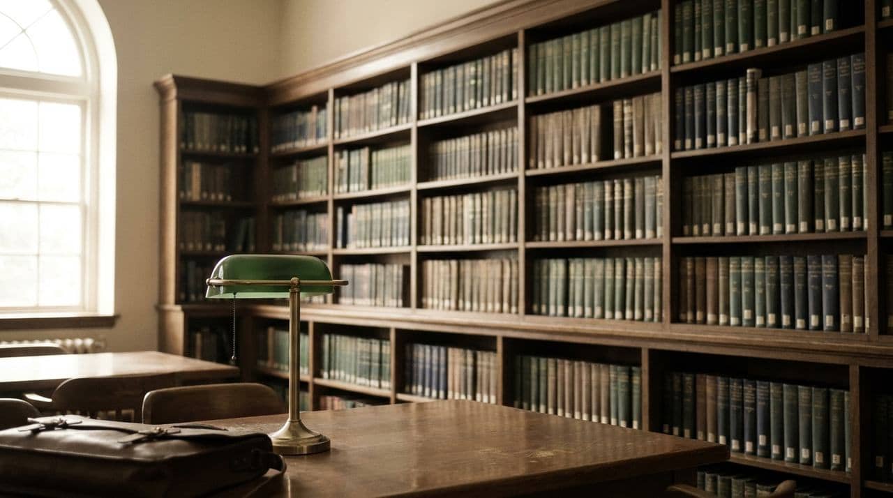 Interior of a library reading room with tall bookshelves and a brass green-shade desk lamp