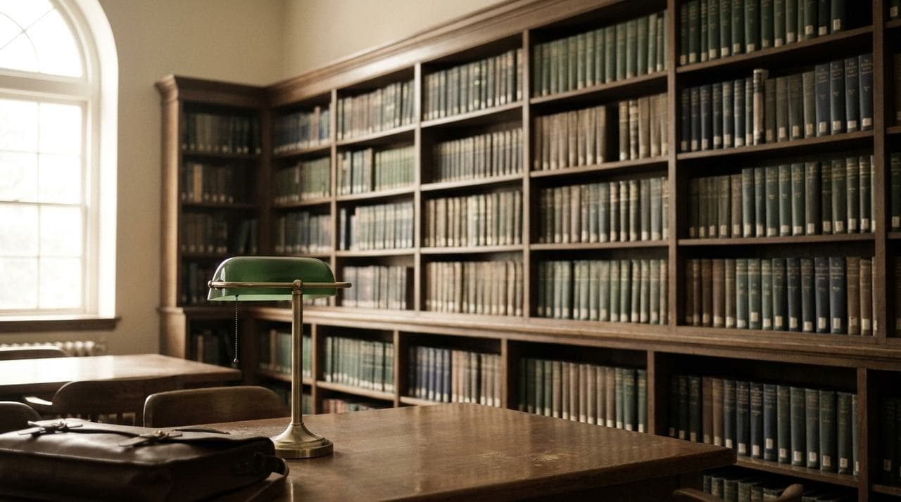 Interior of a library reading room with tall bookshelves and a brass green-shade desk lamp